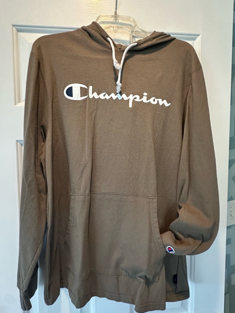 Champion Gray Pullover Hoodie with White Drawstrings and Logo